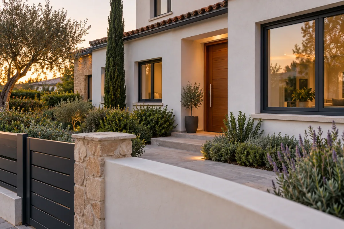 Acceso principal, jardín y ventanas de un chalet contemporáneo